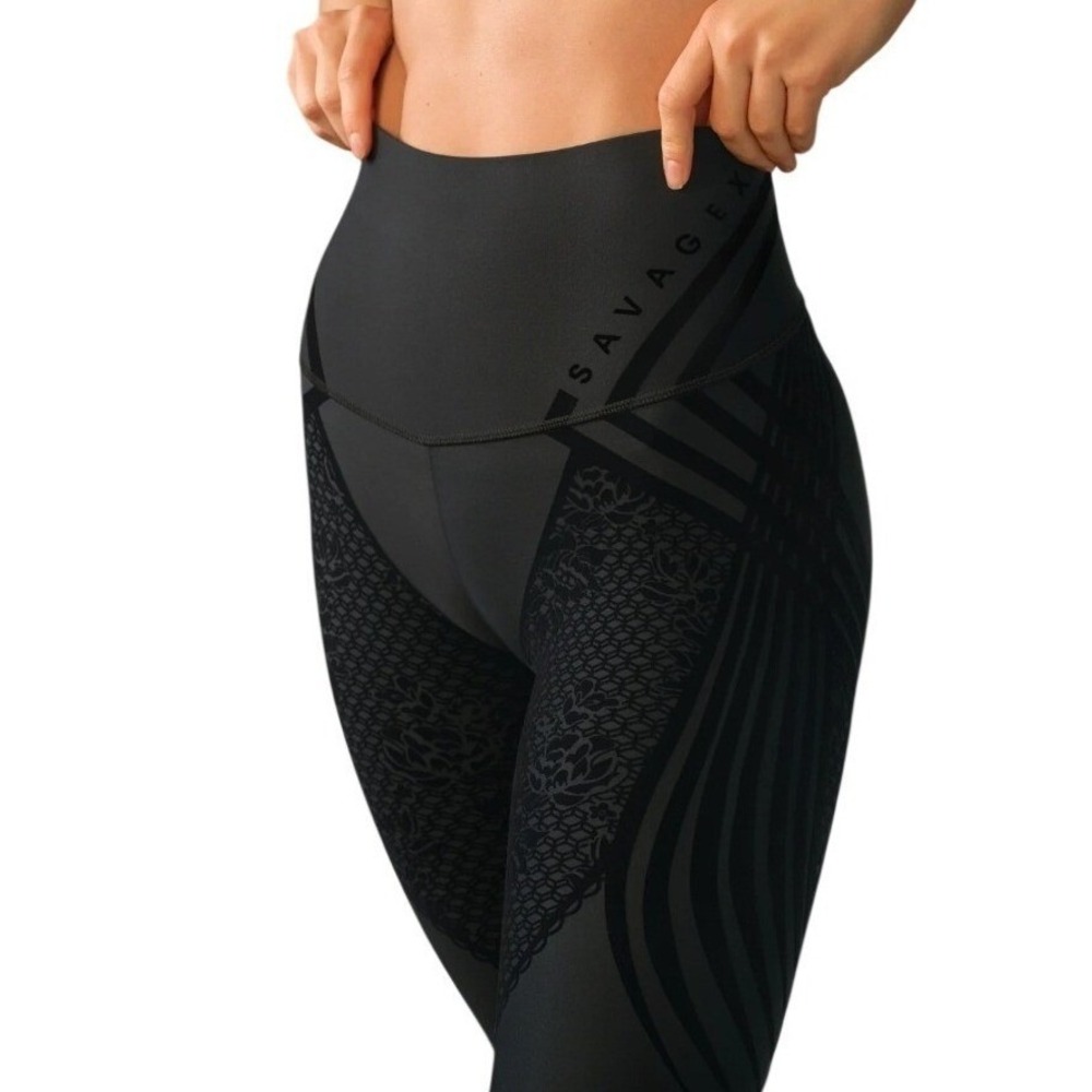Savage X Fenty Black Velvet Floral Lace Stripe High Waisted‎ Leggings S, Edgy